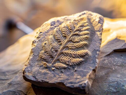Fossilized fern leaf imprint on rock