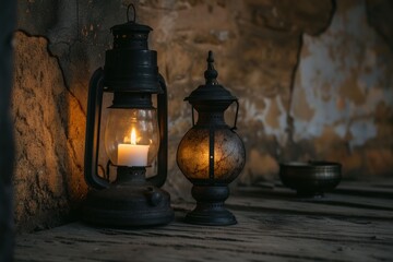 Vintage lanterns glowing in the dark