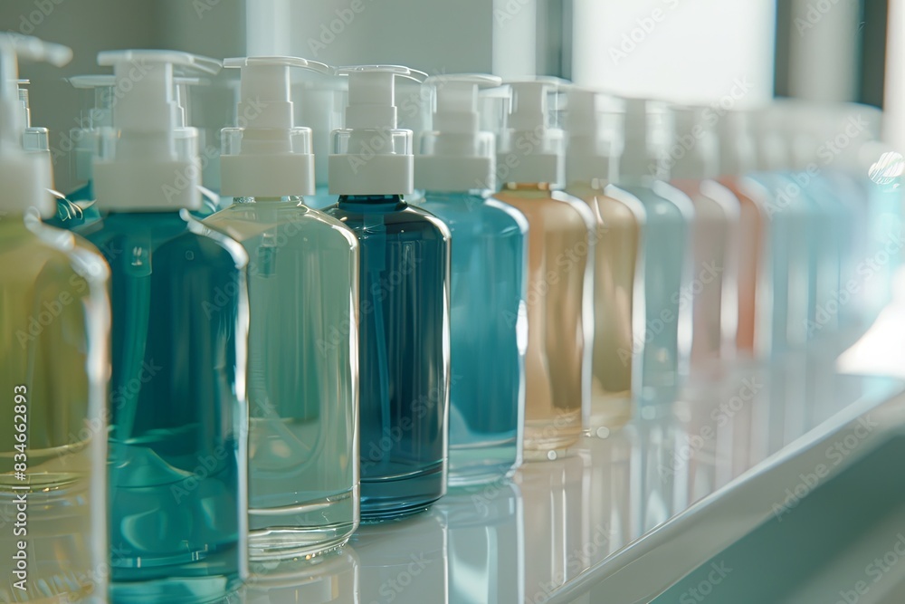 Poster A close-up view of sleek, colorful shampoo and conditioner bottles arranged on a shelf. Generative AI