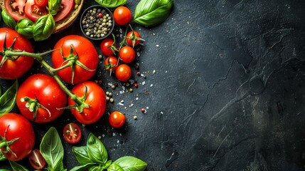  A group of tomatoes, basil, peppers, and a bowl of seeds on a black surface A spoonful of pepper rests beside the tomatoes