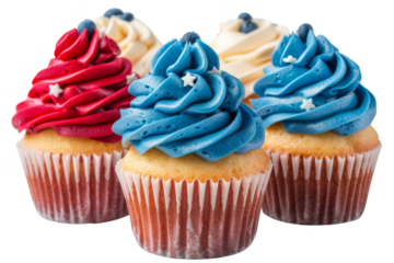 Three cupcakes with blue frosting and red stars on top