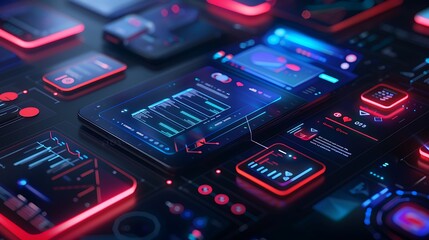 Obraz premium Futuristic Gamification Interface Design for Reward-Based Interaction in 3D Render