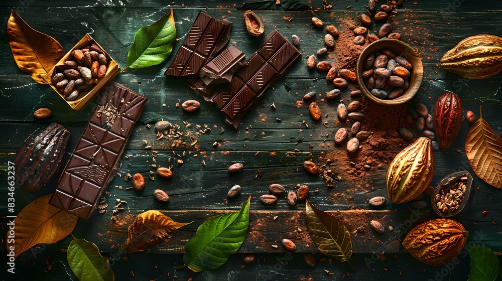 Canvas Prints Artisan chocolate bars and cocoa beans on a rustic wooden surface. This image captures the essence of high-quality chocolate and the natural ingredients used in its creation. AI