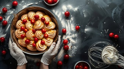  A person in white gloves holds a plate of cherry-topped pastries against a black surface Surrounding the plate are bowls of cherries and whisks (Three whis