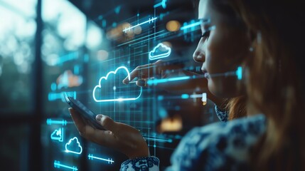 Foreground focus on cloud storage downloading data virtual screen, person touching screen in blurred background, cloud storage backup concept, high resolution