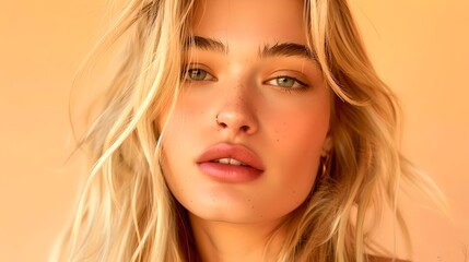Naklejka premium Portrait of a Woman with Blonde Hair against a Warm Background. AI