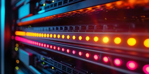 Colorful LED lights illuminate a data center server rack in a network room. Concept Technology, Data Center, LED Lights, Network Room, Server Rack