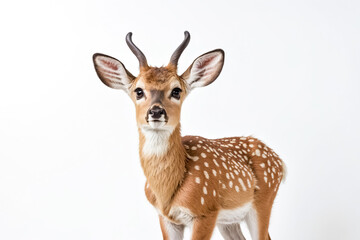 Young Fawn with White Spots Stands Against a White Background