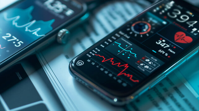 A close-up of a smartwatch syncing data with a health app on a phone a dynamic and dramatic composition, with cope space