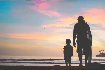 Fototapeta premium Sunset silhouettes father and son, surfers walking to the sea with a surfboard.