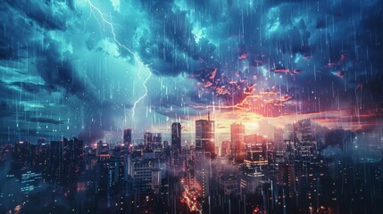 Obraz premium A composite image of a city skyline with weather elements superimposed, such as rain falling, lightning striking, and clouds moving, illustrating the impact of weather