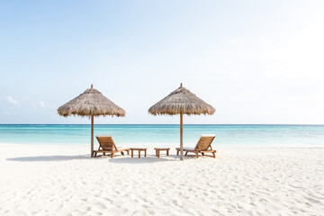 Two Beach Chairs Under Palm Thatch Umbrellas