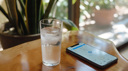 The app displaying a hydration tracker reminder to drink water a dynamic and dramatic composition, with cope space