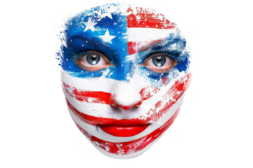 A woman's face is painted with the American flag