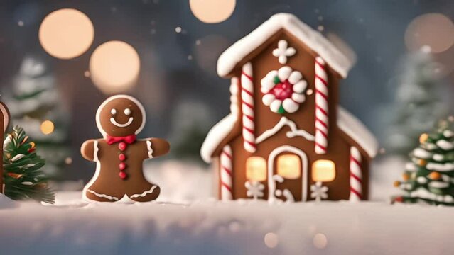 Gingerbread man cookie standing beside house with different colored candy and gumdrops, a chrismast snow scene
