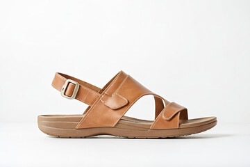 Naklejka premium Tan Leather Buckle Ankle Strap Sandal on White Background