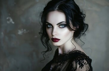 Dramatic portrait of a mysterious woman with dark hair and bold makeup