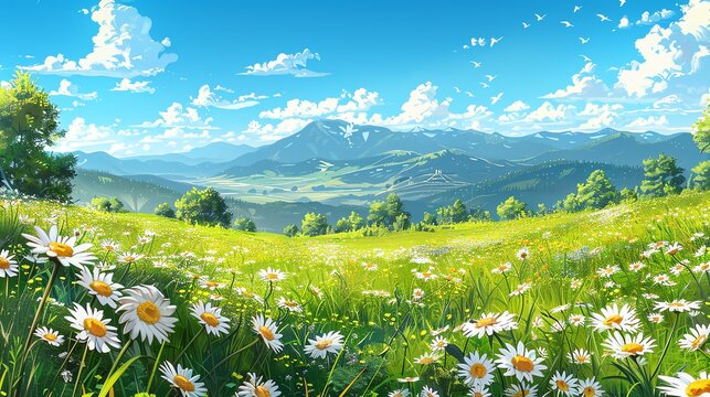 Scenic landscape with rolling hills, vibrant green grass, white daisies, and a blue sky with fluffy clouds.
