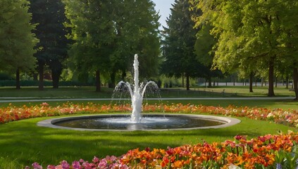 Obraz premium Park with a multitude of colorful flowers and a small fountain in the middle of the meadow