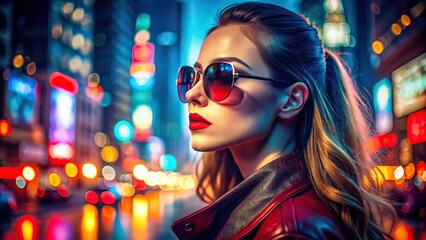 Vibrant cityscape with stunning girl in sunglasses reflecting red city lights , urban, nightlife, street lights, fashion, chic, reflection, downtown, stylish, trendy, cityscape, nighttime
