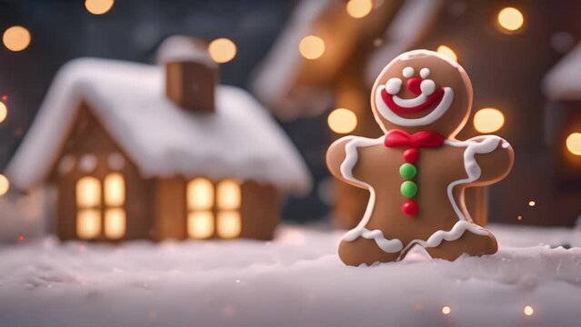 Gingerbread man cookie standing beside house with different colored candy and gumdrops, a chrismast snow scene