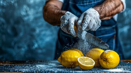  A man in a blue apron and white gloves cuts lemons with a sharp knife on a clean, white cutting board The table beneath is made of wood