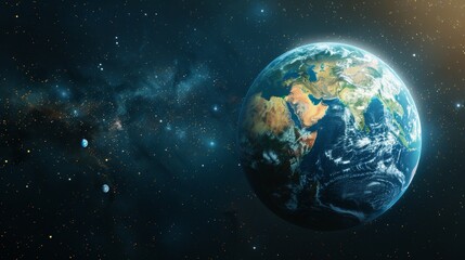 Naklejka premium A high-resolution image of Earth as a globe, featuring realistic terrain and ocean textures, set against a background of stars to convey the planet's place in the universe.