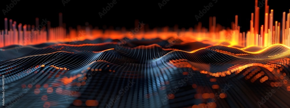 Poster vibrant frequency distribution distributing colorful waves and patterns across digital landscape
