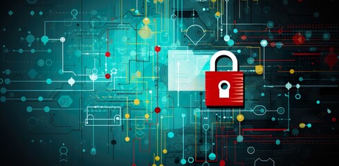 cybersecurity icon illustration, with red padlock silhouette