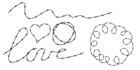 Twisted barbed wire silhouettes set in rounded and square shapes. Vector illustration of steel black wire barb fence frames. Concept of protection, danger or security