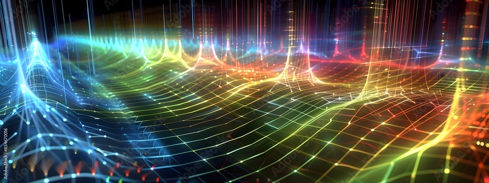 Poster vibrant frequency hopping spread spectrum visualized with colorful digital waves and patterns