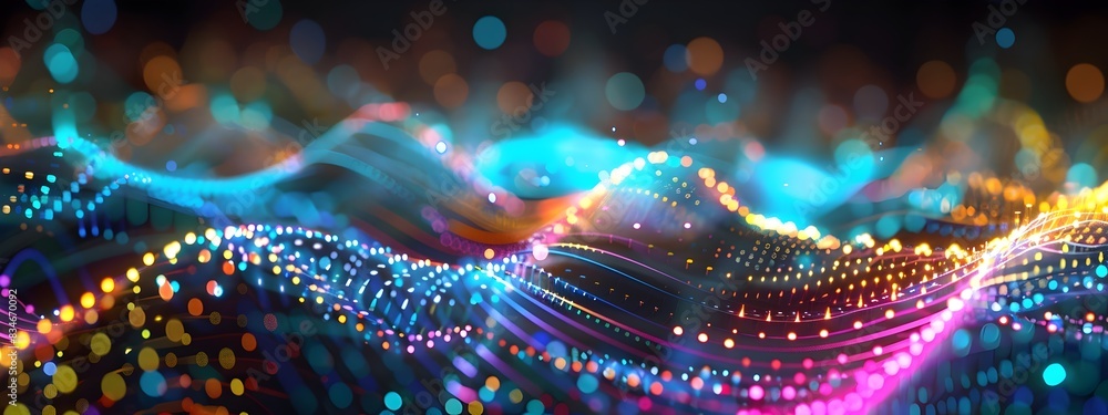 Aufkleber frequency hopping spread spectrum visualization with neon glowing waves and particles