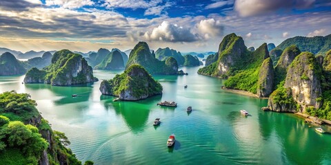 A serene view of Ha Long Bay in Vietnam with limestone islands and emerald waters, Ha Long Bay, Vietnam, travel, scenic, landscape, nature, Southeast Asia, UNESCO, limestone islands