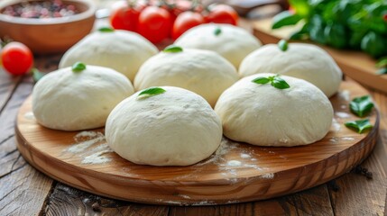  A tight shot of a dough-covered plate on a weathered table Tomatoes and basil form a colorful backdrop Nearby, a bowl holds additional tomatoes and basil