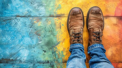  A person stands before a vibrant wall, clad in brown boots and blue denim jeans