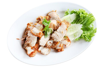 Top view of Crispy pork belly or pork cutlet with Lettuce and cucumber slice, focus selective