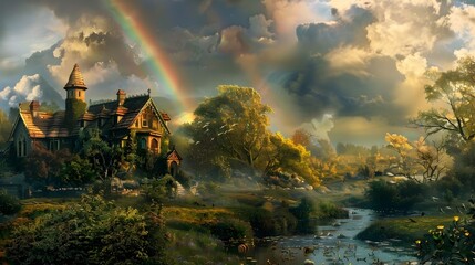Fototapeta premium Peaceful Village Under RainbowLaden Sky