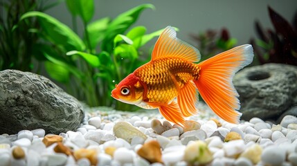  A tight shot of a goldfish swimming against clear water, surrounded by rocks and lush greenery in the background A solitary rock protrudes in the foreground, blanketed