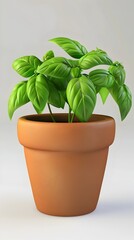 Fototapeta premium Clay Pot with Fresh Basil Leaves 3D Rendered Culinary Ingredient for Cooking and Decor