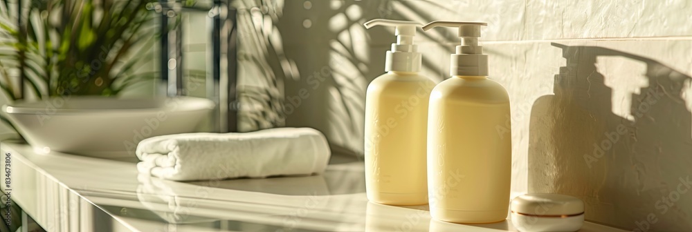 Aufkleber Close up of two stylish shampoo bottles on a countertop. Generative AI