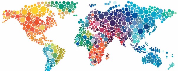 Fototapeta premium World map made of multicolored circles on a light background, flat vector illustration in the style of blue colors on a white background