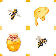 Bee honey pattern. Simple pattern with honey, bees, yellow circles, honey puddles