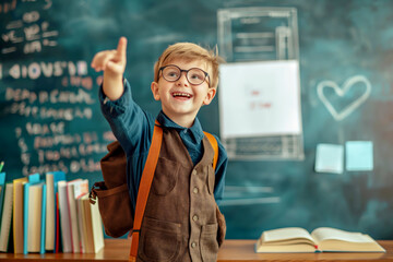 A young student in a classroom, excitedly raising his hand to answer a question, showcasing his enthusiasm and eagerness to learn.