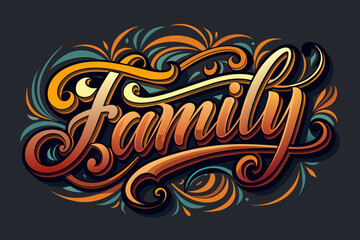 Beautifully designed "Family" text with intricate swirls and a vibrant color scheme. Perfect for family-themed projects, greeting cards, wall art, and digital designs. Warm and inviting artistic style