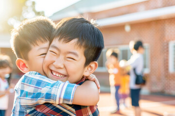 Obraz premium Two young brothers sharing a joyful and heartwarming hug outdoors, their faces beaming with happiness and love.