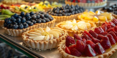 Gourmet fruit tarts and pies displayed in a dessert shop. Concept Fruit Tarts, Gourmet Pies, Dessert Shop Display, Sweet Treats, Pastry Delights