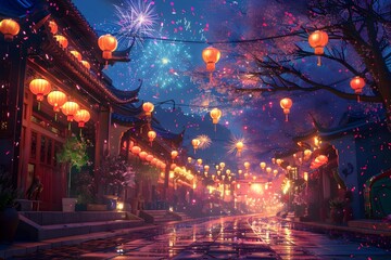 Vibrant Festival with Fireworks and Lanterns Lighting Up the Night Sky