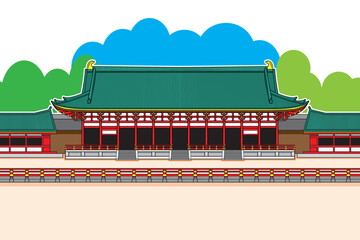 The famous Shinto shrine in Kyoto Japan - Heian jingu Shrine with landscape and background drawing in colorful cartoon vector