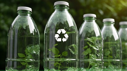 Green recycling symbol on plastic bottle signifies PET packaging for environmental recycling. Concept Environmental sustainability, PET packaging, Recycling symbol, Green initiatives 