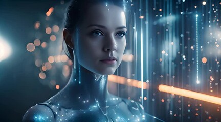 Futuristic woman embracing technology and innovation in a modern world
